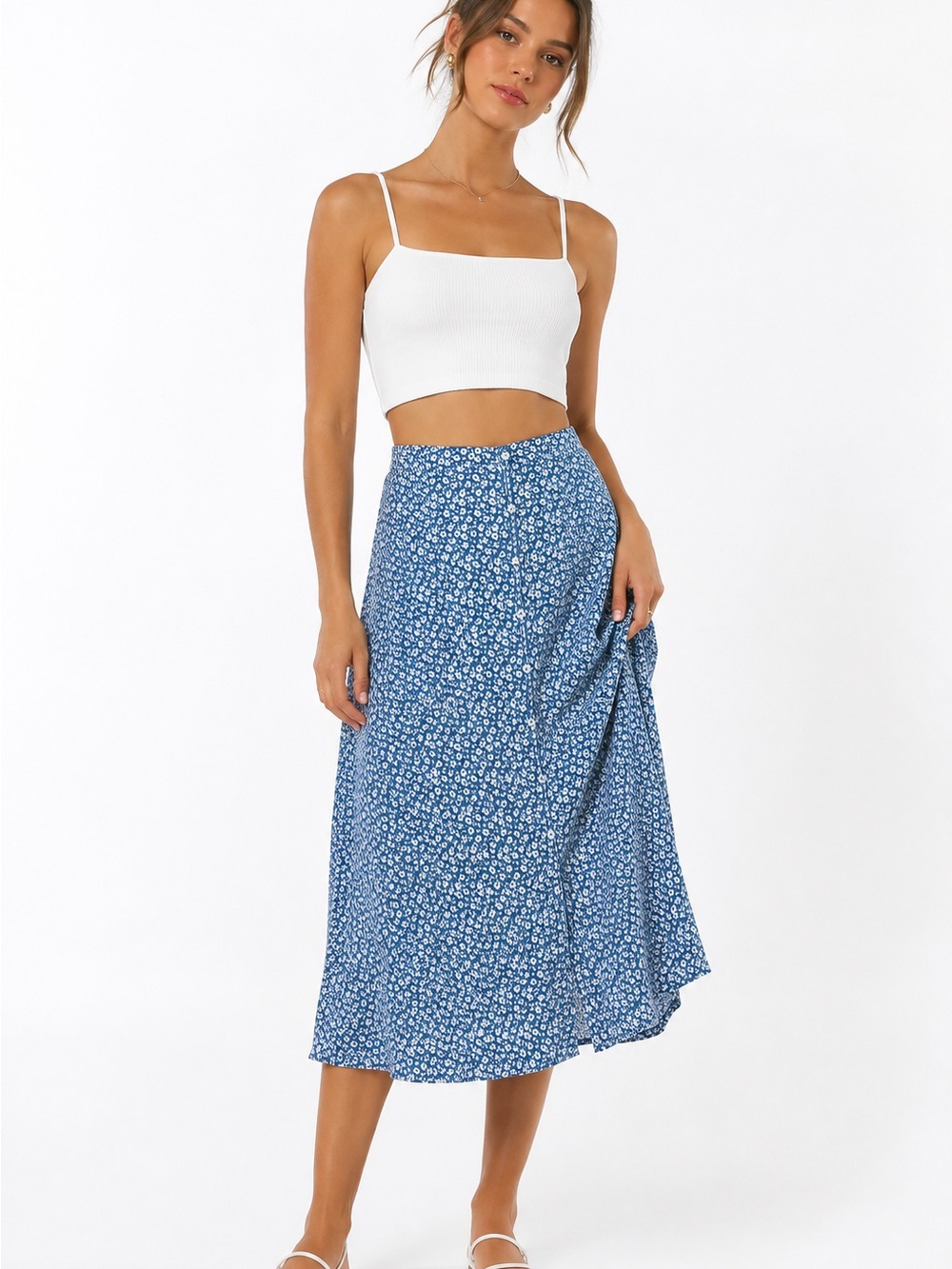 MAX STUDIO Blue Floral Button Front Midi Skirt XL A-Line Cottagecore
